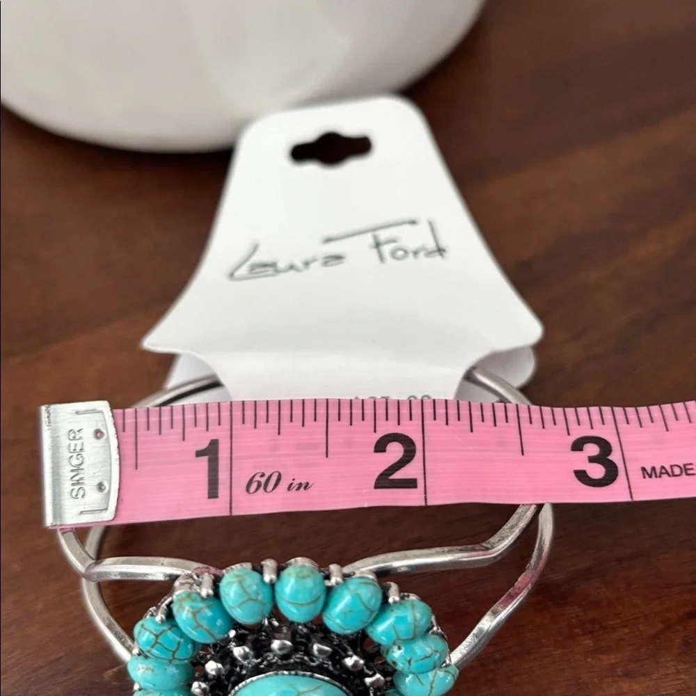 Laura Ford Silvertone double row, faux turquoise stones,Concho,cuff bracelet